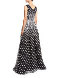 Sleeveless V-Neck Gown w/Floral-Embroidered Overlay, Black/White