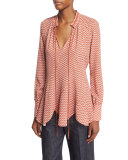 Long-Sleeve Scalloped-Hem Blouse, Pomegranate/Multi