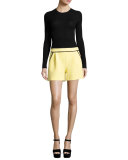 Ribbed Knit Shorts w/ Contrast Piping, Yellow/Black