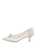 Lace Pointed-Toe Bow Flat, White