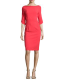 3/4-Sleeve Structured Ponte Sheath Dress, Chic Red