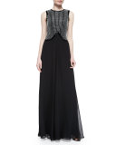 Embroidered-Bodice Chiffon Gown, Black/White