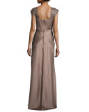 Embellished Cap-Sleeve Satin Gown, Navy