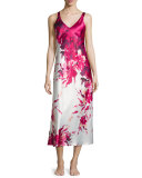 Floral-Printed Charmeuse Long Gown, Fuchsia Print