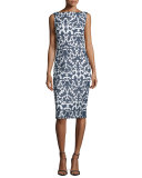 Sleeveless Floral-Print Sheath Dress, Navy/White