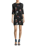 Aubrey Floral-Print Silk 3/4-Sleeve Shift Dress, Black