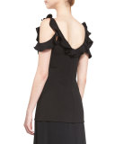 Ruffled Draped-Shoulder Top, Black