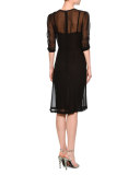 Half-Sleeve Shirred-Bodice Dress, Black