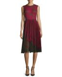 Lace-Print Sleeveless Pleated Dress, Raspberry