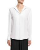 Long-Sleeve Silk Blouse, White/Black