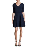 Textured Half-Sleeve Mixed-Stitch A-line Dress, Navy