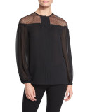 Sheer-Yoke Pleated Blouse, Black