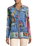 Postcard-Print Long-Sleeve Tunic, Blue
