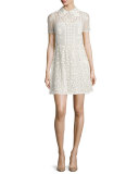Short-Sleeve Collared Macrame A-Line Dress, Ecru