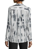 Cascade-Print Split-Neck Silk Top