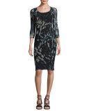3/4-Sleeve Abstract-Print Ruched Sheath Dress, Black/Blue