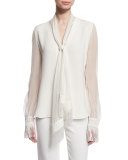 Scarf-Neck Silk Blouse w/Fringe Trim, Ivory