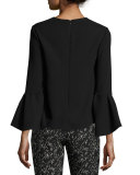 Flutter-Sleeve Metal-Trim Blouse, Black
