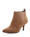 Faie Suede Kitten-Heel Bootie, Almond