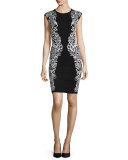 Cap-Sleeve Two-Tone Sheath Dress, Black/White