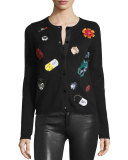 Cecila Embroidered-Patch Cardigan, Black