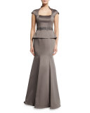 Cap-Sleeve Satin Peplum Gown, Pewter
