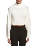 Long-Sleeve Cropped Wool-Blend Sweater, White