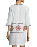 Embroidered 3/4-Sleeve Tunic Dress, Cream