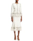 Beaded Boucle Trumpet Skirt with Feather Hem, Ivory