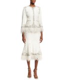 Beaded Boucle Trumpet Skirt with Feather Hem, Ivory