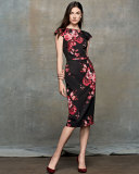 Cap-Sleeve Belted Floral Sheath Dress, Red/Black