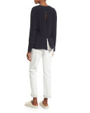 Long-Sleeve Woven Surplice Top, Navy