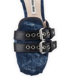 Denim/Ribbon Ankle-Wrap Slide Flat, Bleu