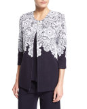 3/4-Sleeve Lace-Print Jacket, Navy/White  