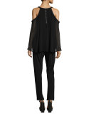 Aleah Cold-Shoulder Jumpsuit w/ Chiffon Overlay, Black