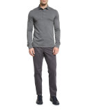 Flannel Herringbone Long-Sleeve Polo Shirt, Gray