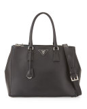 City Calfskin Bicolor Double-Zip Galleria Tote Bag, Black/Blue (Nero+Celeste)