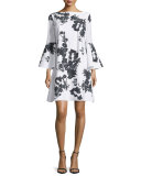 Bell-Sleeve Blossom Shift Dress, Black/White