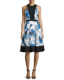 Floral-Print Illusion-Bodice Sleeveless Cocktail Dress