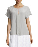 Short-Sleeve Placket-Front Silk Top 