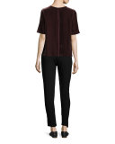 Half-Sleeve Jewel-Neck Velvet Tee, Raisin
