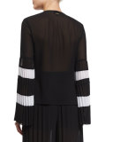 Long-Sleeve Pleated Lace-Up Blouse, Black/White