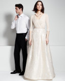 3/4-Sleeve Combo Ball Gown