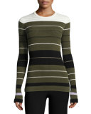 Striped Ribbed Crewneck Pullover Sweater, Olive