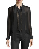 Leema Lace-Trim Tie-Neck Blouse, Black