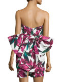 Strapless Floral-Print Dress w/Oversized Bow, Fucshia 