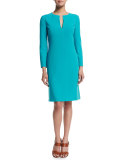 Long-Sleeve Split-Neck Tunic Dress, Aqua