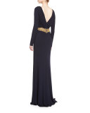 Long-Sleeve V-Neck Embellished-Waist Gown, Navy