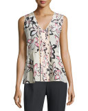 sleeveless v-neck pleated floral top, antilles bubbles