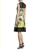 Sleeveless Abstract-Print A-Line Dress, Lime